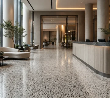 Modern hotel lobby with polished terrazzo flooring