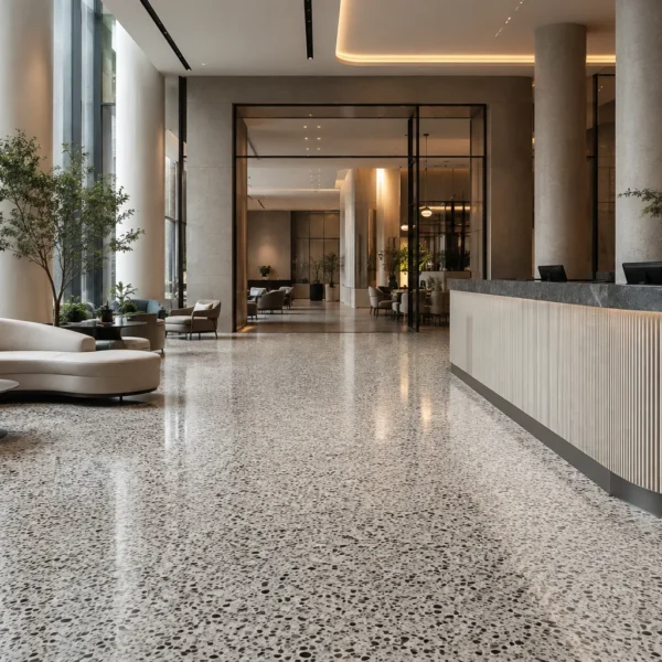 Modern hotel lobby with polished terrazzo flooring