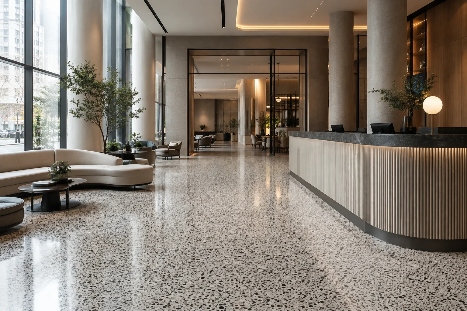 Modern hotel lobby with polished terrazzo flooring